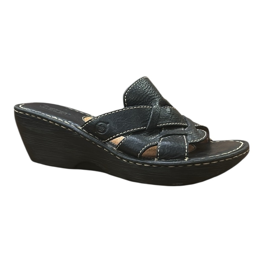 Born Folly Slip On Black Learher Wedge Sandals Size 8 - Picture 2 of 11